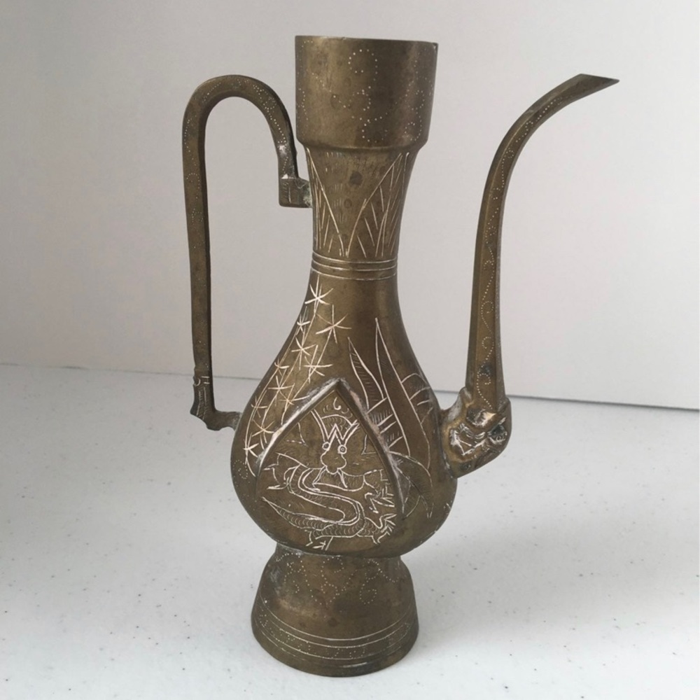 7 1/2" Tall Vintage Etched Brass Pitcher